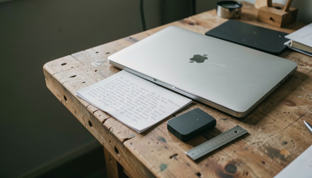 Wide documentary photograph of a sunlit wooden workbench with a closed laptop, handwritten notes turned away, an external drive and a small metal ruler arranged in calm layers, generous dark space on the left, no readable text. Distinct hero scene with quiet left side composition for this editorial entry.