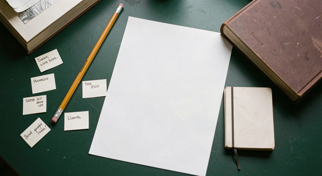 Overhead documentary photograph of index cards, a pencil, a book and a small notebook on a deep green desk, blank paper with no legible writing, soft window light. Distinct supporting card P105 1 composition for this editorial entry.