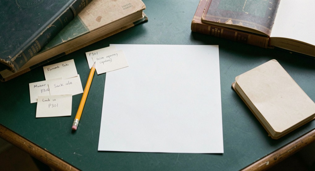 Overhead documentary photograph of index cards, a pencil, a book and a small notebook on a deep green desk, blank paper with no legible writing, soft window light. Distinct supporting card P301 1 composition for this editorial entry.