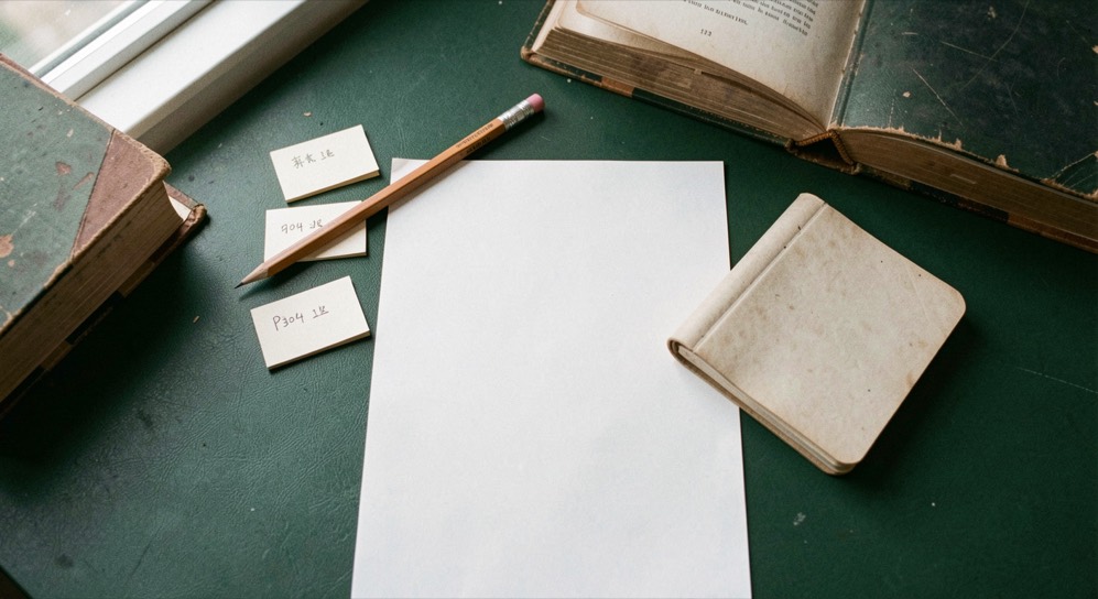 Overhead documentary photograph of index cards, a pencil, a book and a small notebook on a deep green desk, blank paper with no legible writing, soft window light. Distinct supporting card P304 1 composition for this editorial entry.