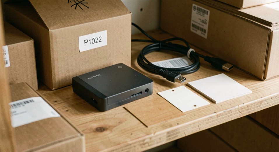 Close documentary photograph of storage boxes, a compact external drive, a cable and blank inventory cards on a wooden shelf, no legible writing, warm daylight. Distinct supporting card P102 1 composition for this editorial entry.