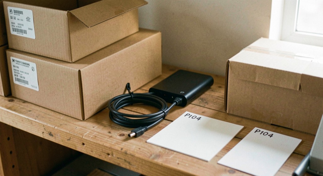 Close documentary photograph of storage boxes, a compact external drive, a cable and blank inventory cards on a wooden shelf, no legible writing, warm daylight. Distinct supporting card P104 1 composition for this editorial entry.