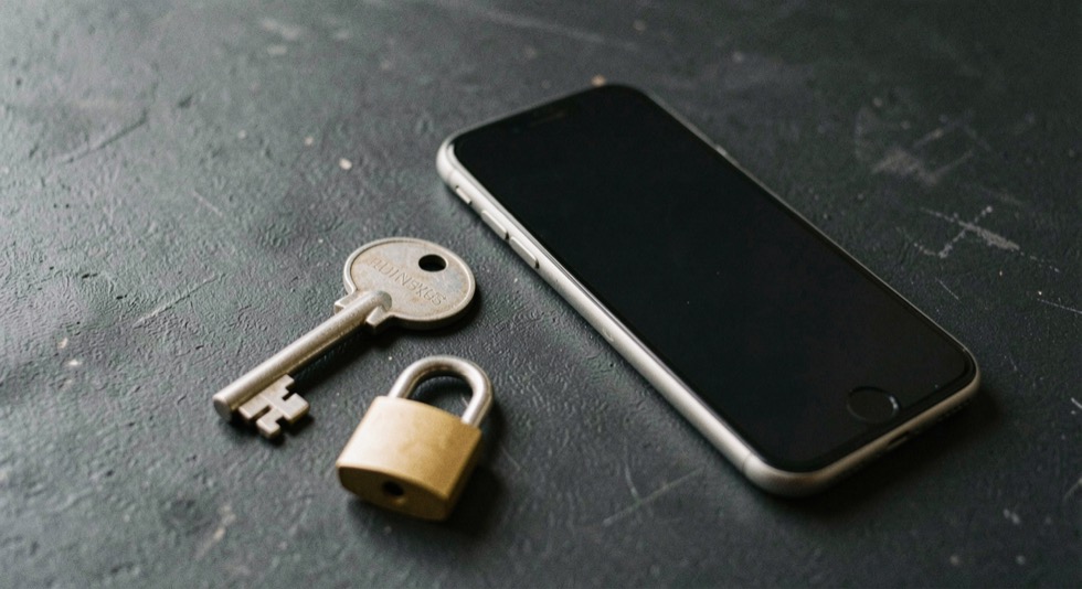 Documentary photograph of a metal key, a phone with a blank dark screen and a small padlock on a charcoal surface, no visible writing, controlled side light. Distinct supporting card P103 1 composition for this editorial entry.