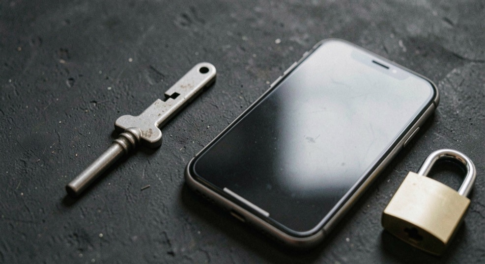 Documentary photograph of a metal key, a phone with a blank dark screen and a small padlock on a charcoal surface, no visible writing, controlled side light. Distinct supporting card P109 1 composition for this editorial entry.