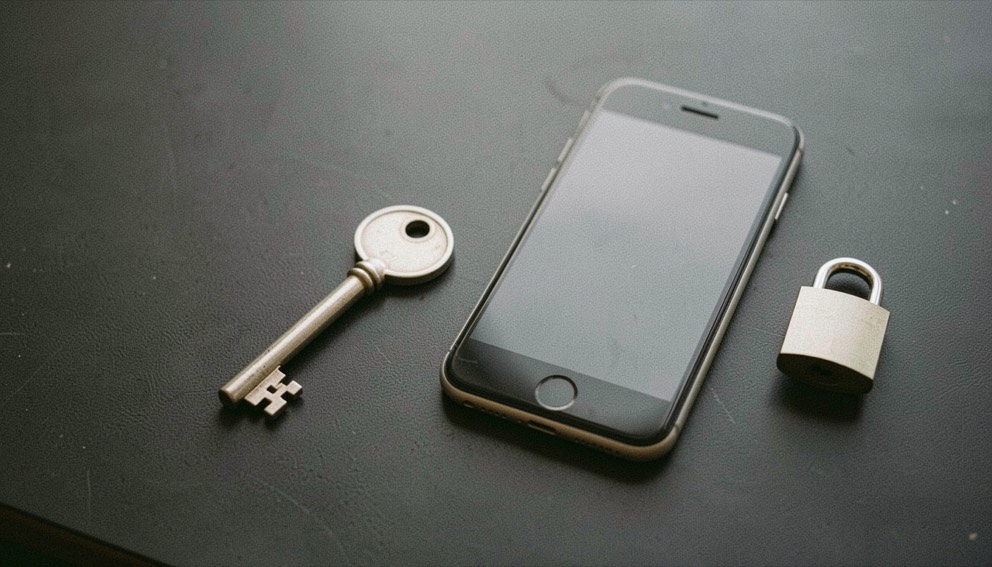Documentary photograph of a metal key, a phone with a blank dark screen and a small padlock on a charcoal surface, no visible writing, controlled side light. Distinct supporting card P205 4 composition for this editorial entry.