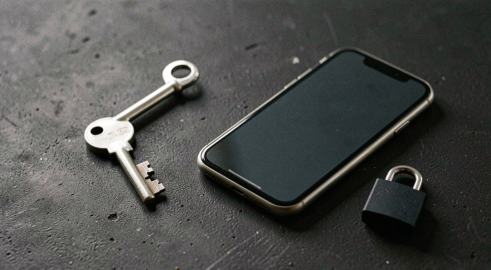 Documentary photograph of a metal key, a phone with a blank dark screen and a small padlock on a charcoal surface, no visible writing, controlled side light. Distinct supporting card P302 3 composition for this editorial entry.