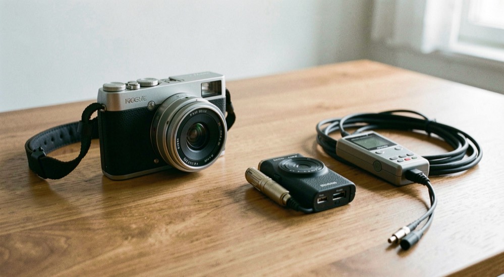Documentary photograph of a compact camera, headphones, an audio recorder and a coiled cable on a studio table, no visible screens or writing, clean side light. Distinct supporting card P206 1 composition for this editorial entry.