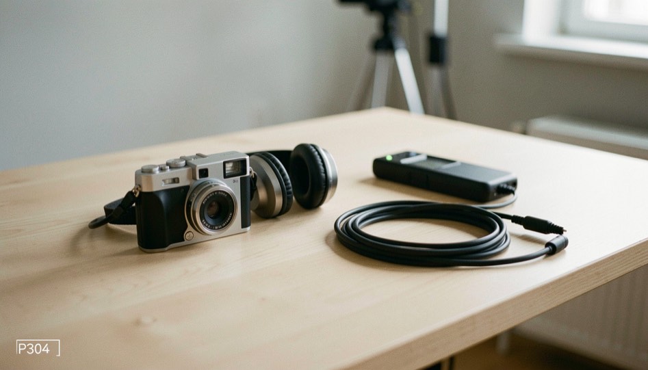 Documentary photograph of a compact camera, headphones, an audio recorder and a coiled cable on a studio table, no visible screens or writing, clean side light. Distinct supporting card P304 4 composition for this editorial entry.