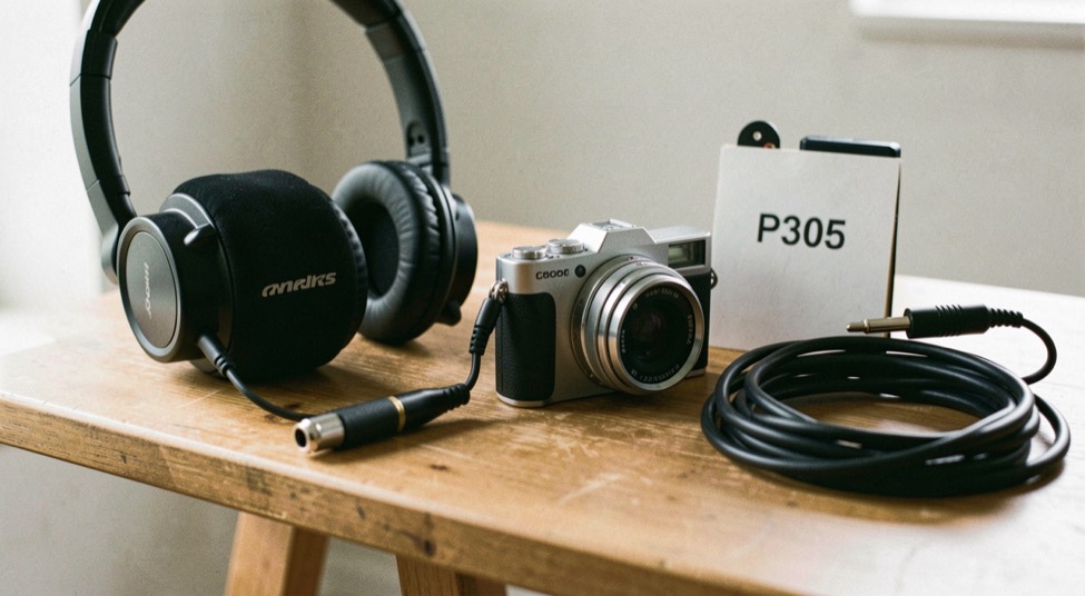 Documentary photograph of a compact camera, headphones, an audio recorder and a coiled cable on a studio table, no visible screens or writing, clean side light. Distinct supporting card P305 4 composition for this editorial entry.