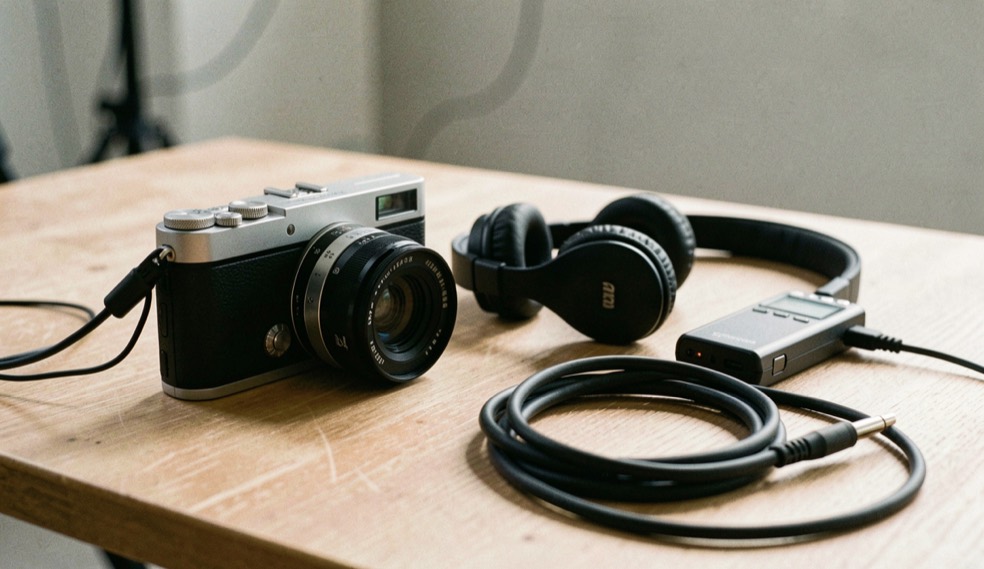Documentary photograph of a compact camera, headphones, an audio recorder and a coiled cable on a studio table, no visible screens or writing, clean side light. Distinct supporting card P903 1 composition for this editorial entry.