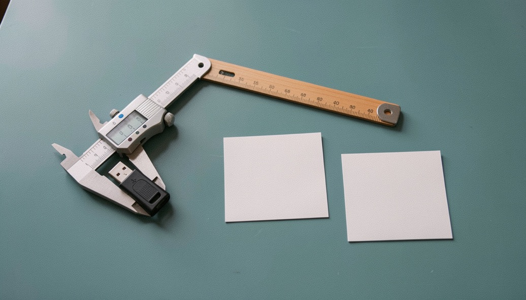 Top-down documentary photograph of a caliper, USB drive, notebook and three blank comparison cards on a blue-green table, no writing, precise soft light. Distinct home category 5 composition for this editorial entry.