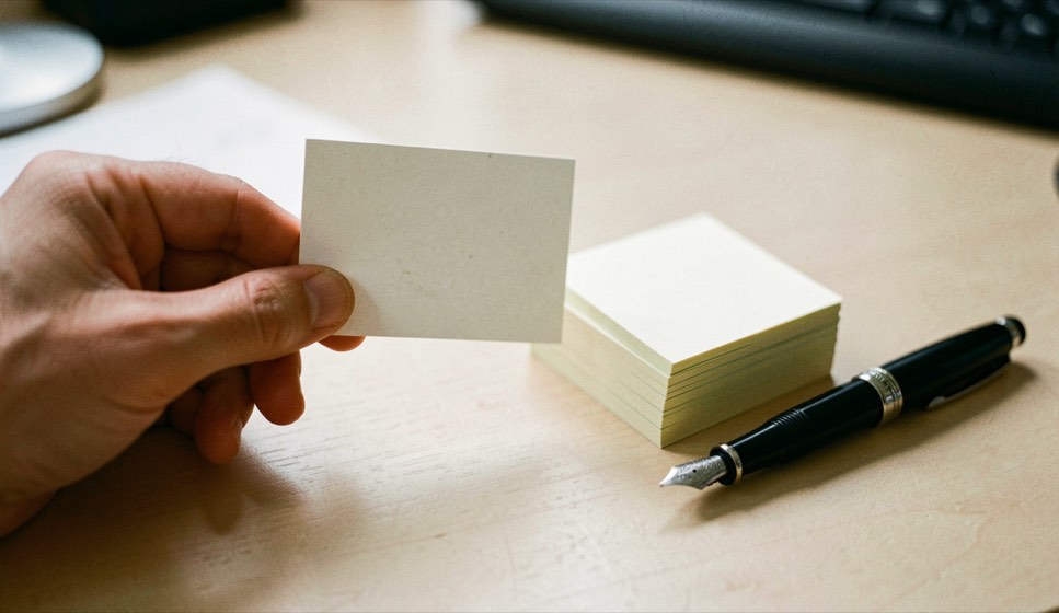 Close documentary photograph of a hand placing a blank index card beside a small stack of connected note cards, a fountain pen resting nearby, no readable writing, soft desk light. Distinct lead composition for this editorial entry.