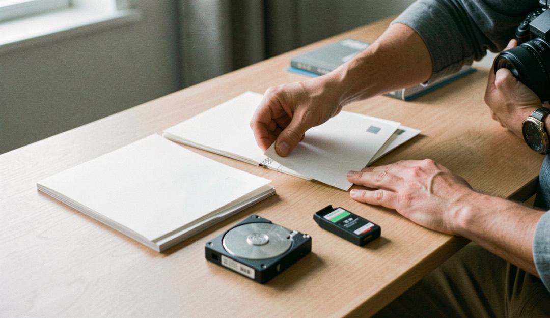 Documentary photograph of a photographer sorting blank archive sleeves, a hard drive and a small card reader on a clean wooden table, no logos or readable labels, side daylight. Distinct lead composition for this editorial entry.