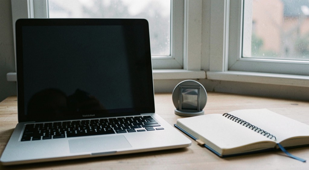 Documentary photograph of a laptop with a completely blank dark screen beside a notebook, a small privacy shutter and a window reflection, no readable interface, cool morning light. Distinct home journal 3 composition for this editorial entry.