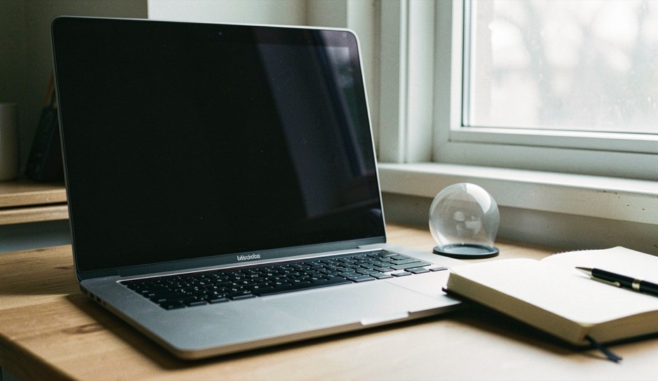 Documentary photograph of a laptop with a completely blank dark screen beside a notebook, a small privacy shutter and a window reflection, no readable interface, cool morning light. Distinct supporting card P909 2 composition for this editorial entry.