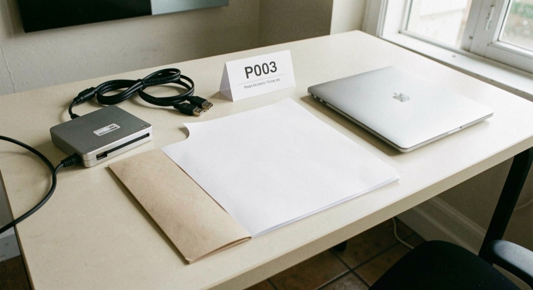 Documentary photograph of an external drive, a cable, a blank folder and a laptop closed beside them on a pale desk, no readable labels, quiet natural light. Distinct supporting card P003 2 composition for this editorial entry.