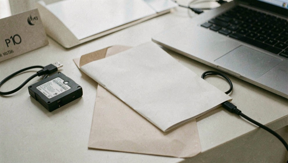 Documentary photograph of an external drive, a cable, a blank folder and a laptop closed beside them on a pale desk, no readable labels, quiet natural light. Distinct supporting card P102 2 composition for this editorial entry.
