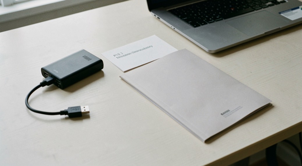 Documentary photograph of an external drive, a cable, a blank folder and a laptop closed beside them on a pale desk, no readable labels, quiet natural light. Distinct supporting card P110 3 composition for this editorial entry.