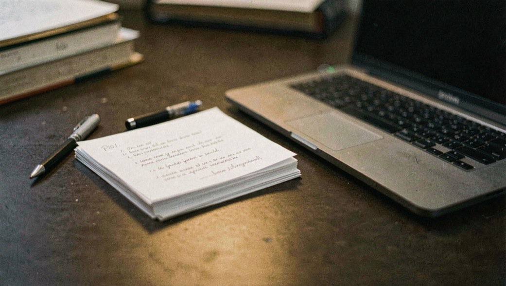 Documentary photograph of a small stack of paper drafts, a mechanical pencil and a compact laptop on a dark desk, no readable words, a single warm pool of light. Distinct supporting card P101 2 composition for this editorial entry.