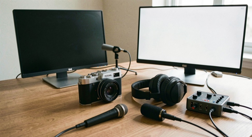 Documentary photograph of a small camera, microphone, headphones and audio interface arranged for a local recording, blank screens, soft studio daylight. Distinct home journal 6 composition for this editorial entry.