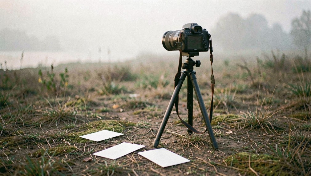 Documentary photograph of a small camera, microphone, headphones and audio interface arranged for a local recording, blank screens, soft studio daylight. Distinct supporting card P206 2 composition for this editorial entry.