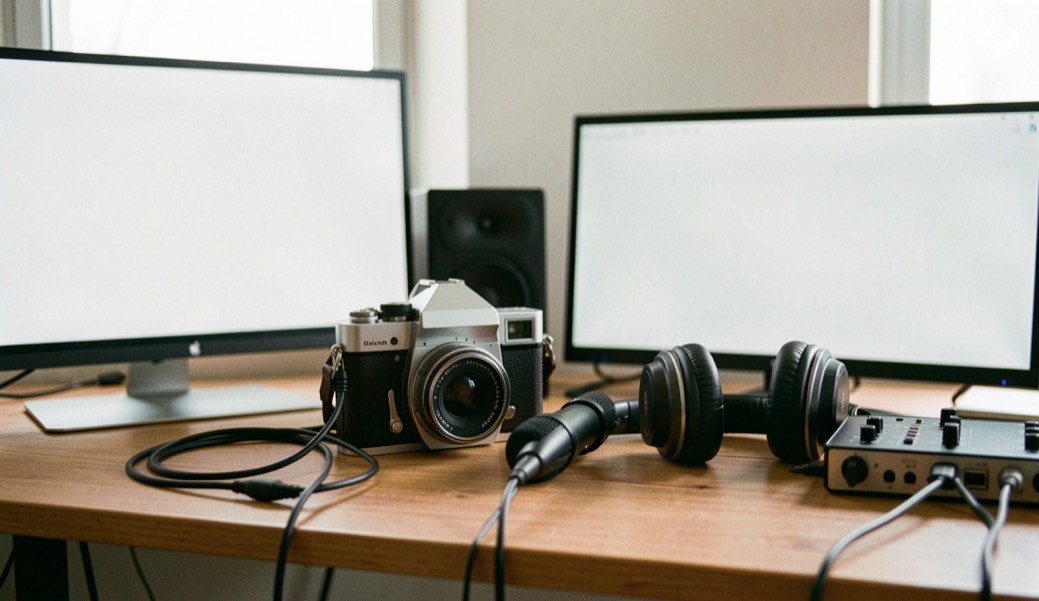 Documentary photograph of a small camera, microphone, headphones and audio interface arranged for a local recording, blank screens, soft studio daylight. Distinct supporting card P903 2 composition for this editorial entry.