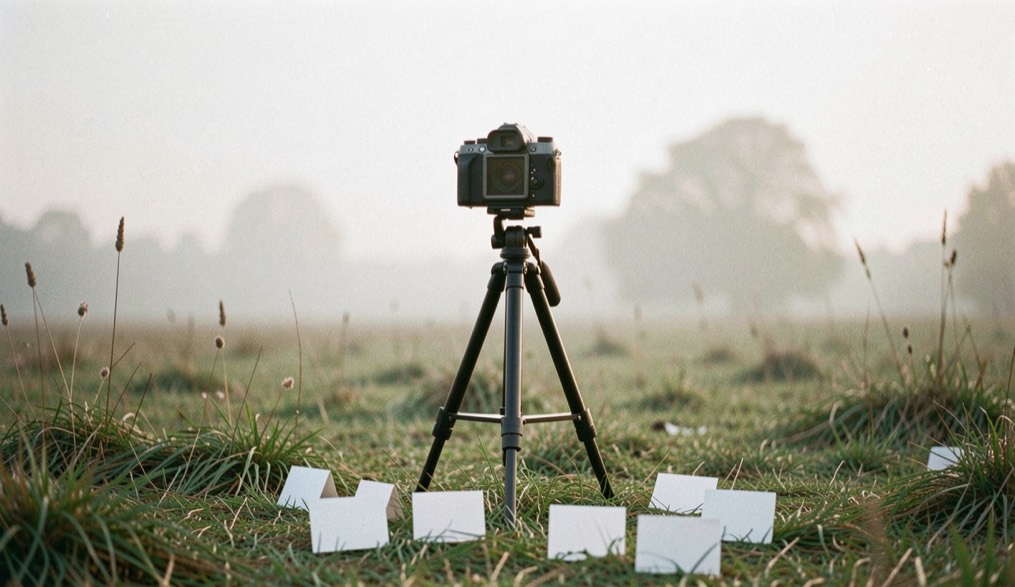 Documentary photograph of a camera on a simple tripod facing a quiet landscape, several blank exposure cards on the ground, no readable text, hazy morning light. Distinct lead composition for this editorial entry.