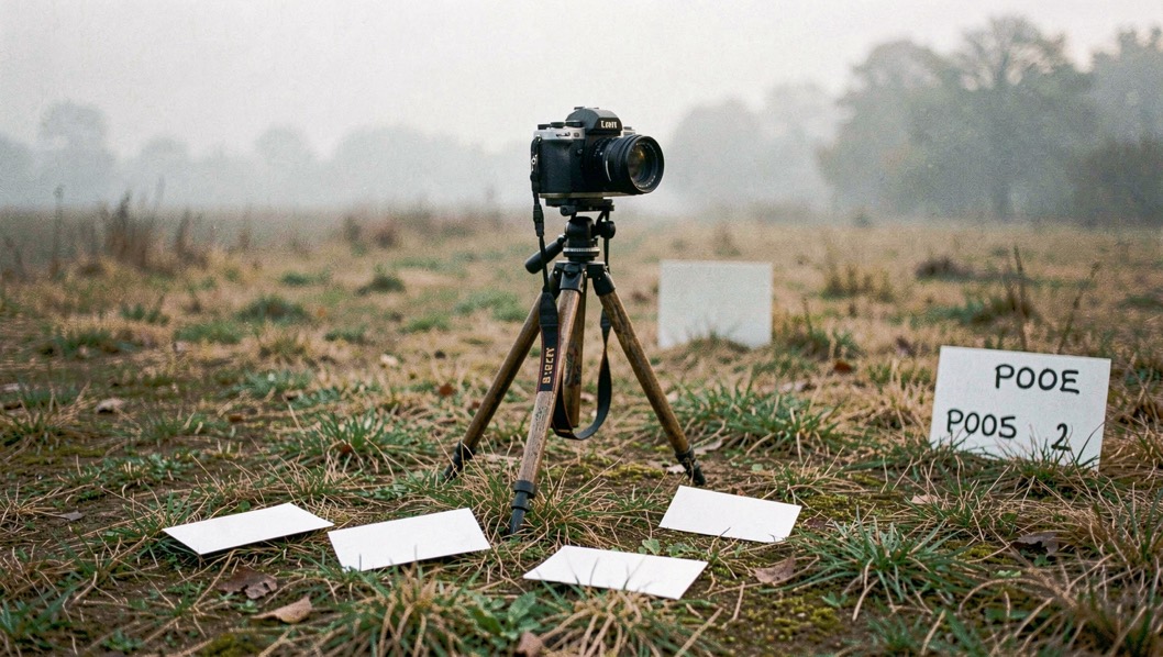 Documentary photograph of a camera on a simple tripod facing a quiet landscape, several blank exposure cards on the ground, no readable text, hazy morning light. Distinct supporting card P005 2 composition for this editorial entry.