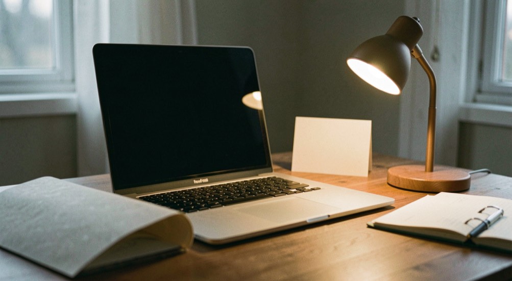 Documentary photograph of a laptop keyboard, a paper folder and a small desk lamp in a calm home workspace, screen turned away, no readable text, evening light. Distinct supporting card P002 3 composition for this editorial entry.