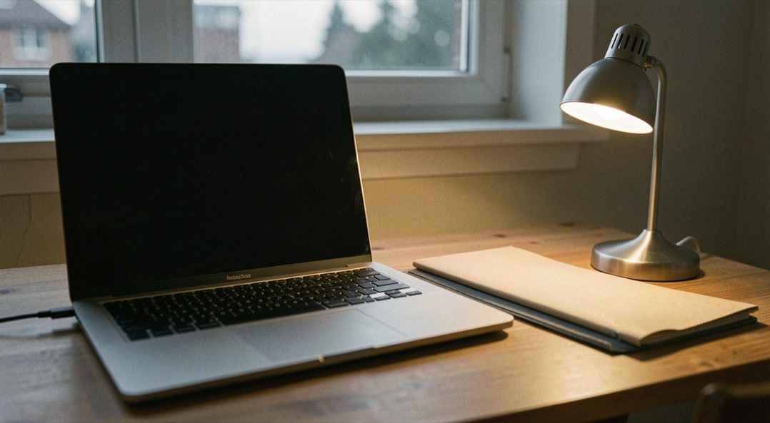 Documentary photograph of a laptop keyboard, a paper folder and a small desk lamp in a calm home workspace, screen turned away, no readable text, evening light. Distinct supporting card P101 3 composition for this editorial entry.