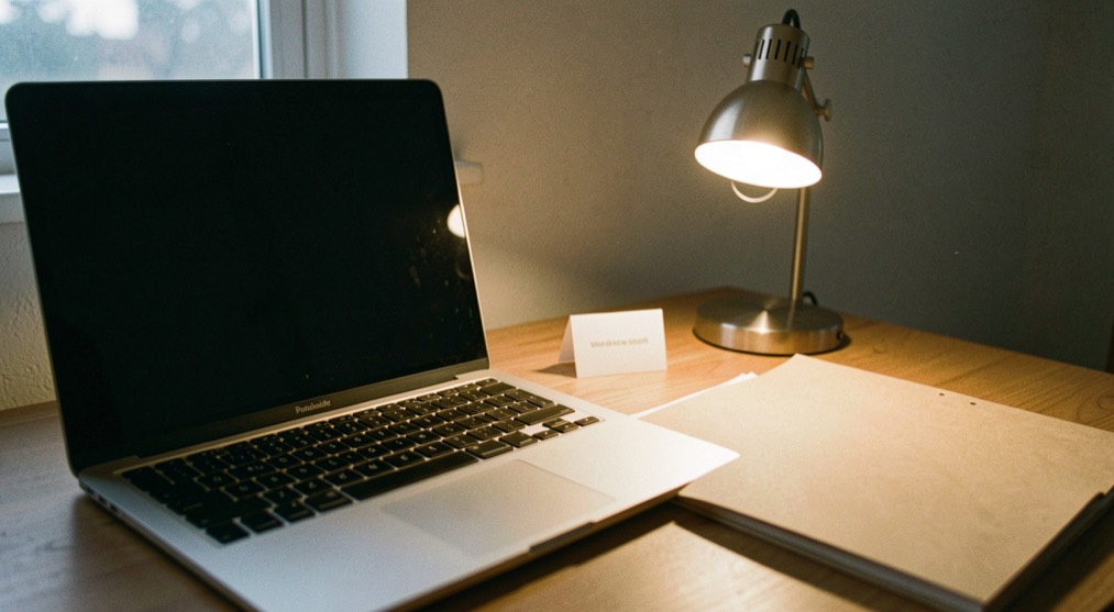 Documentary photograph of a laptop keyboard, a paper folder and a small desk lamp in a calm home workspace, screen turned away, no readable text, evening light. Distinct supporting card P105 3 composition for this editorial entry.