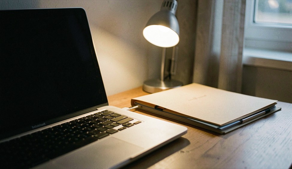 Documentary photograph of a laptop keyboard, a paper folder and a small desk lamp in a calm home workspace, screen turned away, no readable text, evening light. Distinct supporting card P908 4 composition for this editorial entry.