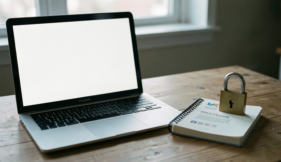 Documentary photograph of a laptop with a blank screen beside a small browser privacy notebook and a closed padlock, no readable interface, cool side light. Distinct supporting card P909 3 composition for this editorial entry.