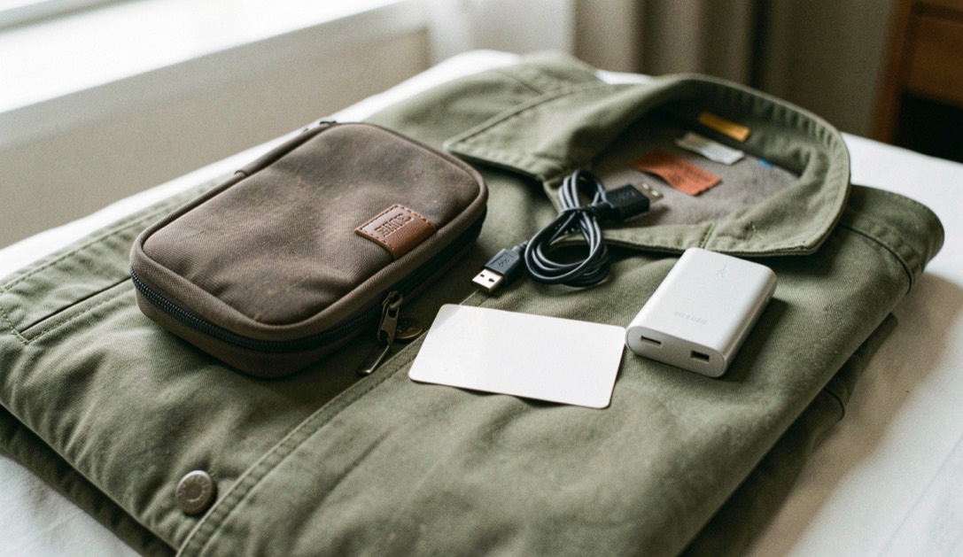 Documentary photograph of a travel pouch, charging cable, passport-sized blank card and compact power bank on a folded jacket, no readable text, hotel daylight. Distinct lead composition for this editorial entry.