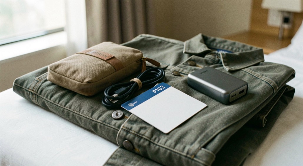 Documentary photograph of a travel pouch, charging cable, passport-sized blank card and compact power bank on a folded jacket, no readable text, hotel daylight. Distinct supporting card P102 3 composition for this editorial entry.