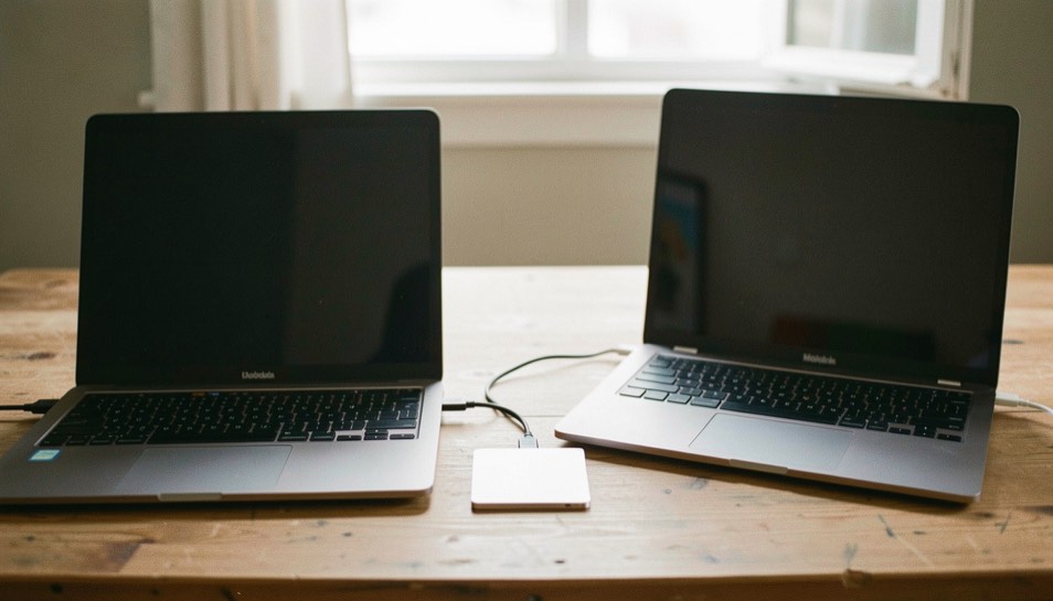Documentary photograph of two different laptops beside a shared blank data card and a cable, screens turned away, no logos or writing, neutral daylight. Distinct supporting card P101 4 composition for this editorial entry.