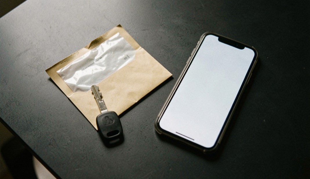 Documentary photograph of a spare security key, a sealed envelope and a phone with a blank screen on a dark table, no readable text, careful side light. Distinct supporting card P909 4 composition for this editorial entry.