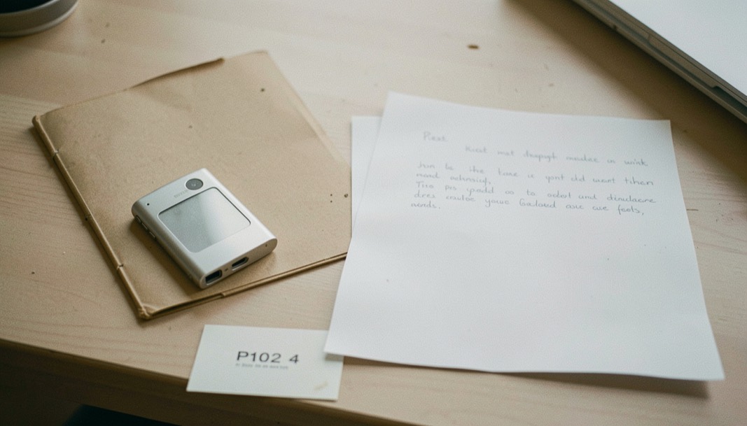Documentary photograph of a small external drive, a restored blank folder and a handwritten test sheet turned away, no legible writing, clear morning light. Distinct supporting card P102 4 composition for this editorial entry.