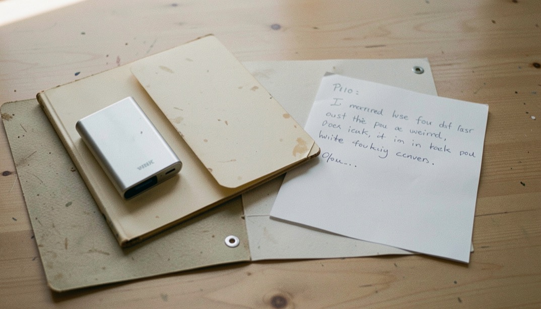 Documentary photograph of a small external drive, a restored blank folder and a handwritten test sheet turned away, no legible writing, clear morning light. Distinct supporting card P110 4 composition for this editorial entry.