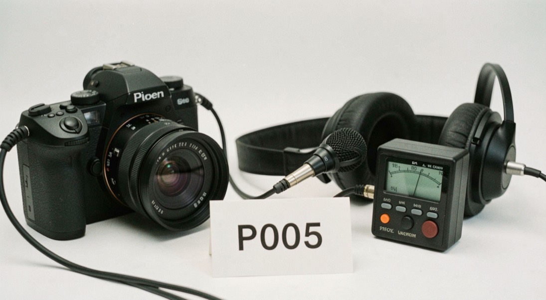 Documentary photograph of a camera, microphone, headphones and a small audio meter ready for a test recording, no visible labels or screens, clean studio light. Distinct supporting card P005 3 composition for this editorial entry.
