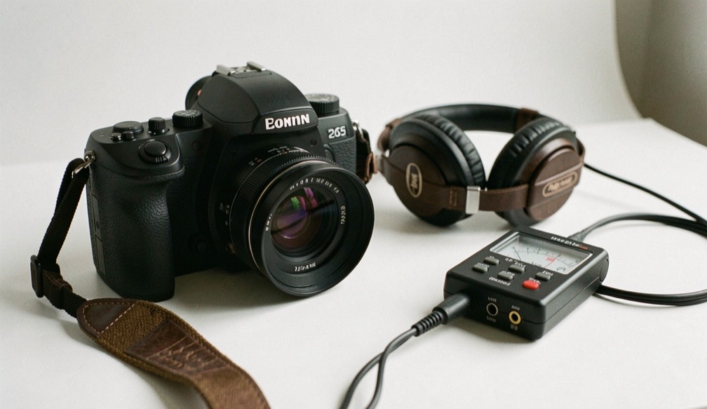 Documentary photograph of a camera, microphone, headphones and a small audio meter ready for a test recording, no visible labels or screens, clean studio light. Distinct supporting card P903 4 composition for this editorial entry.