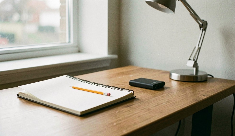 Documentary photograph of a quiet editorial desk with notebook, pencil, external drive and a small lamp, no readable text, natural afternoon light. Distinct lead composition for this editorial entry.