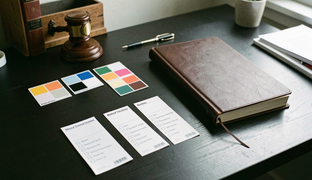 Documentary photograph of a ruler, test cards and a closed notebook arranged as a method checklist on a dark desk, no legible writing, precise side light. Distinct lead composition for this editorial entry.