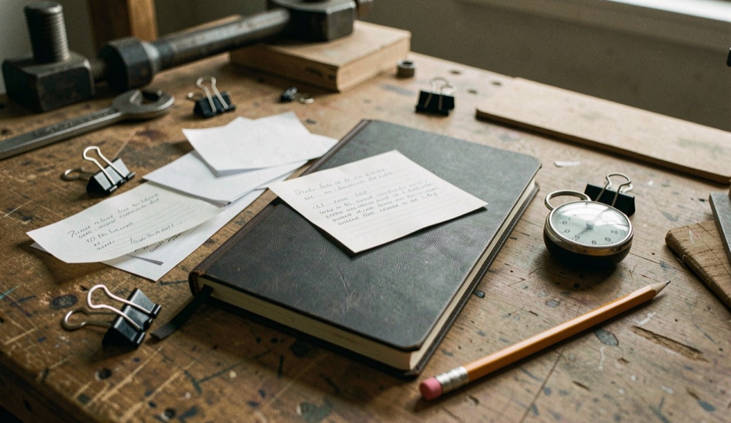 A quiet desk in daylight, a laptop screen showing a plain text editor with an XML-like stream, a notebook and a pen beside it, shot from a slight angle, no readable text, no people. Distinct section Wissen 13 composition for this editorial entry.